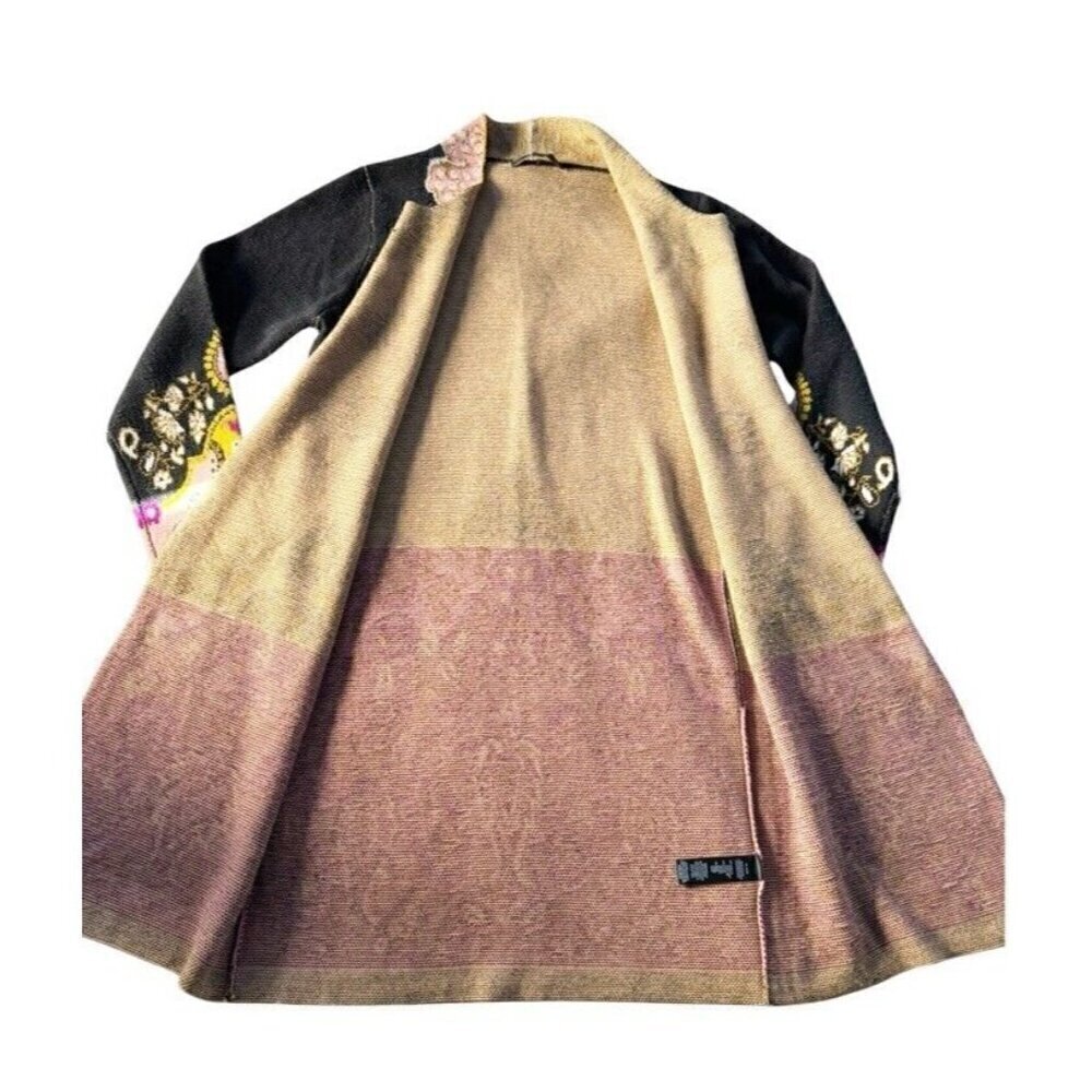 Max Sport Woman's Sz M Black Pink Gold Paisley Floral Long Duster Cardigan - Picture 9 of 11